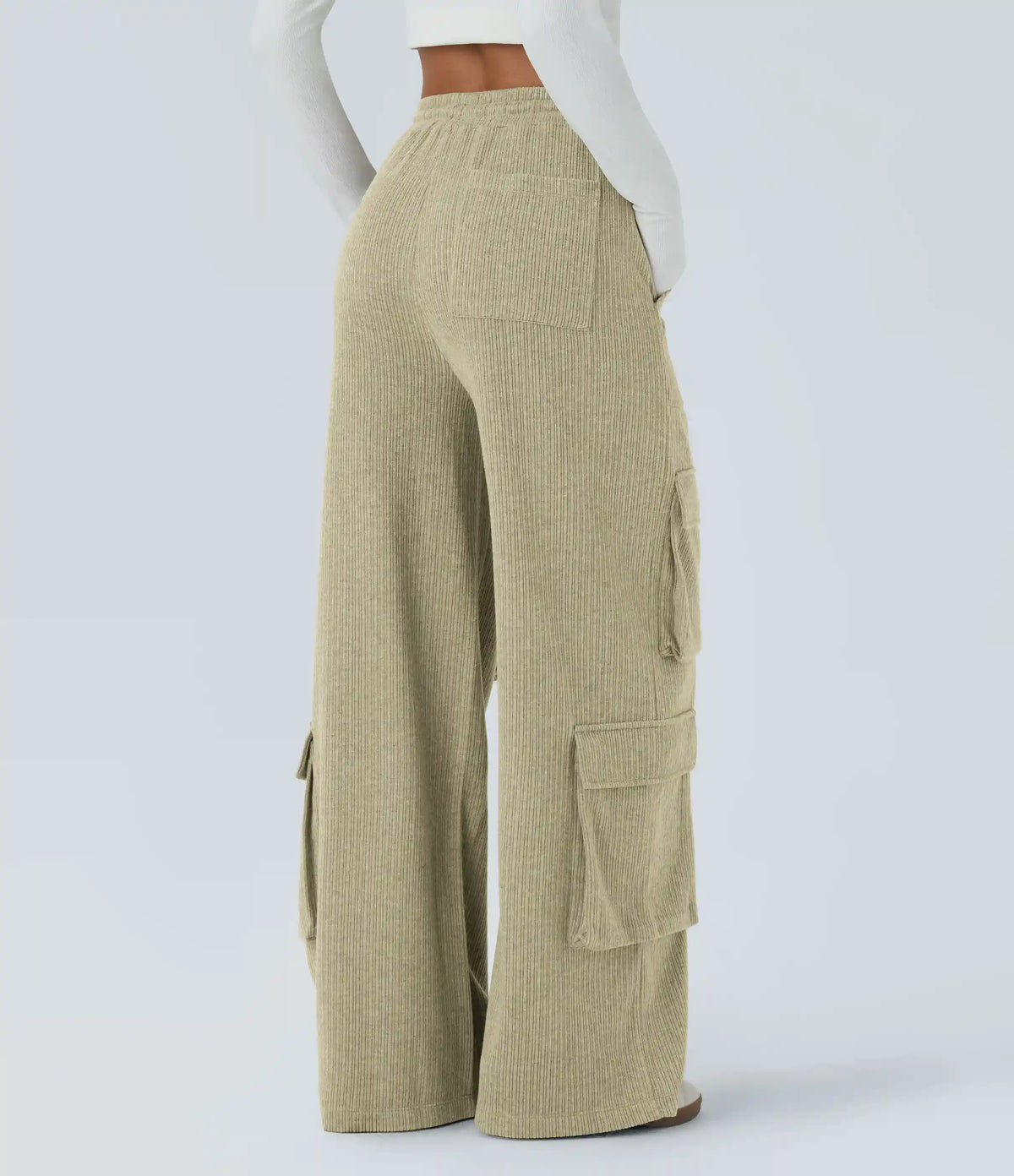 Ribbed Mid Rise Drawstring Pockets Wide Leg Cargo Casual Pants