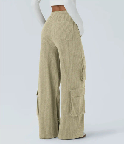 Ribbed Mid Rise Drawstring Pockets Wide Leg Cargo Casual Pants