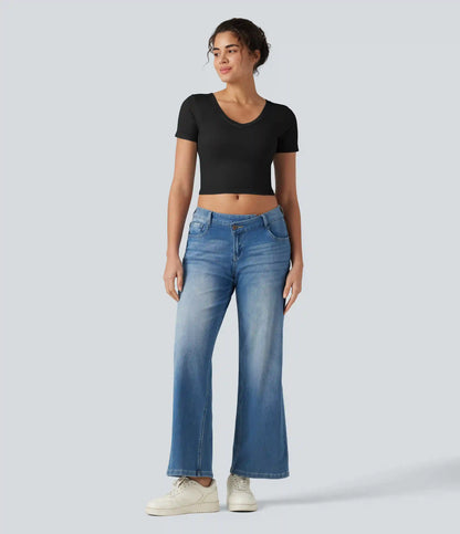 OneForm Seamless Flow V Neck Short Sleeve Built-in Bra Cropped Yoga Sports Top
