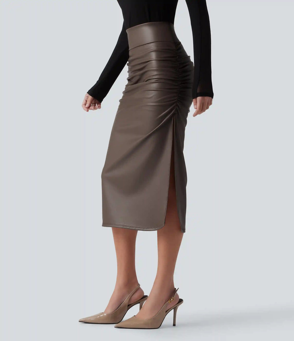 High Waisted Tummy Control Ruched Curved Hem 2-in-1 Fleece PU Midi Casual Skirt