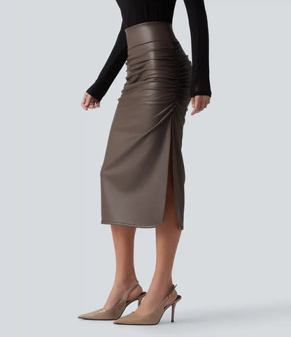 High Waisted Tummy Control Ruched Curved Hem 2-in-1 Fleece PU Midi Casual Skirt