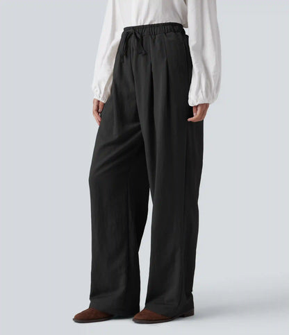 High Waisted Drawstring Straight Leg Work Pants with Pockets