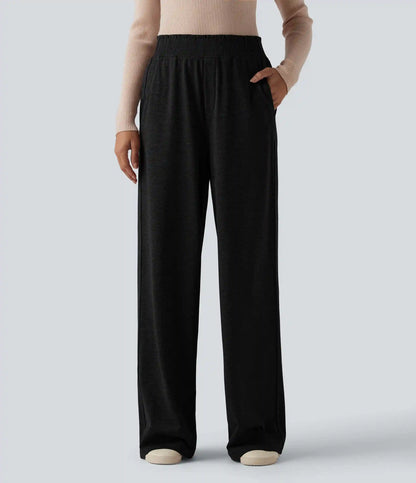 High Waisted Lettuce Trim Quick Dry Heathered Casual Wide Leg Sweatpants with Pockets-UPF40+
