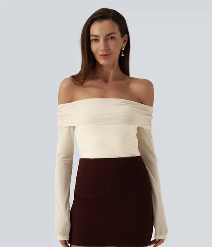 SoftlyZero™ Plush Off Shoulder Mesh Long Sleeve Top