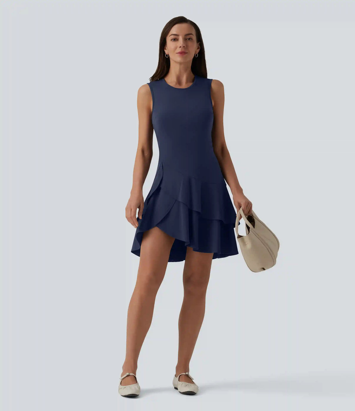 SoftlyZero™ Airy Round Neck Sleeveless Layered Ruffle Hem InstantCool Mini Casual Dress