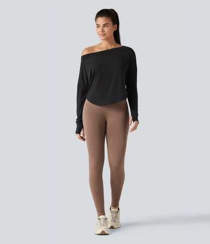 One Shoulder Long Sleeve Thumb Hole Curved Hem High Low Quick Dry Yoga Sports Top