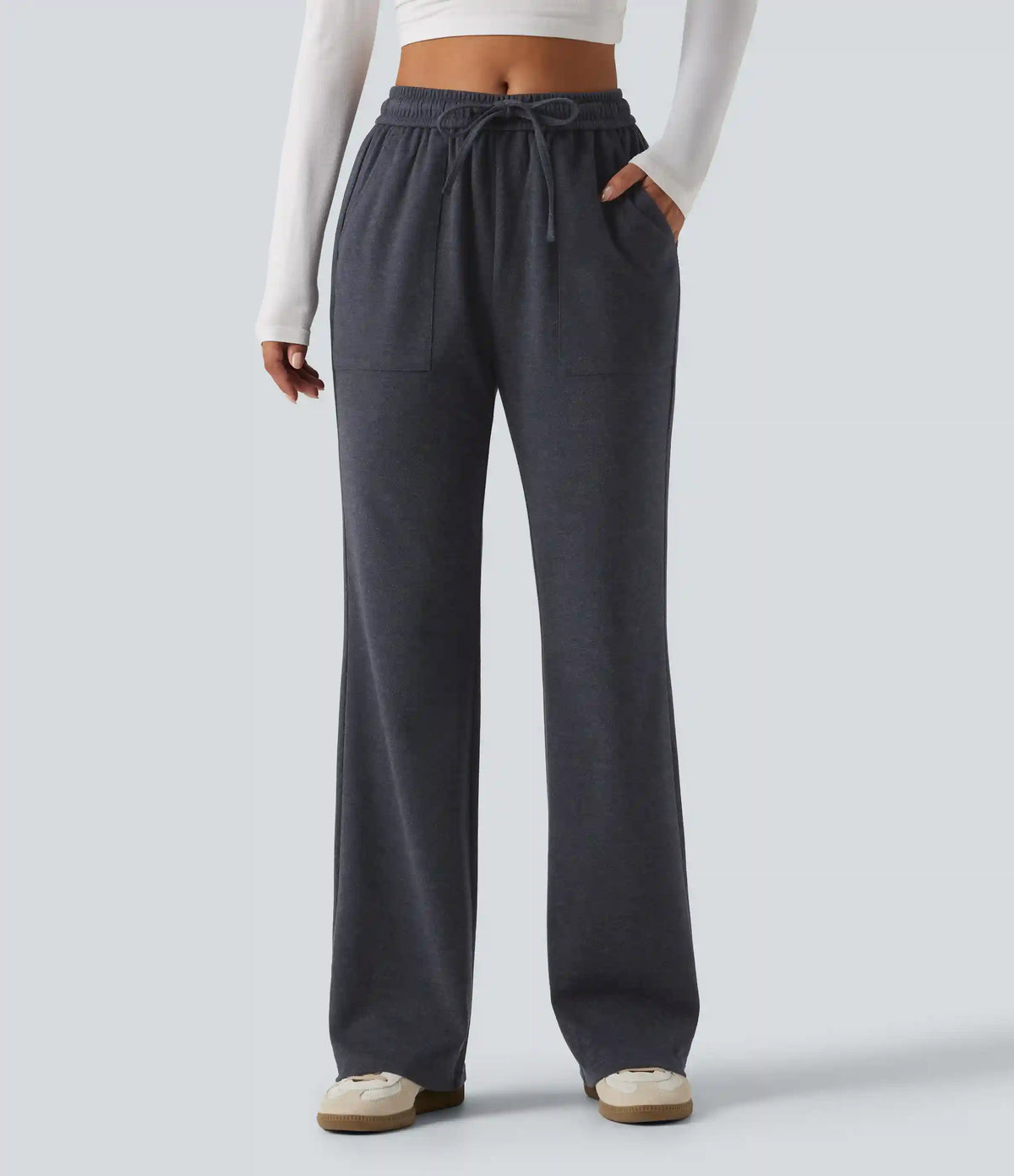 Mid Rise Drawstring Bootcut Work Pants with Pockets