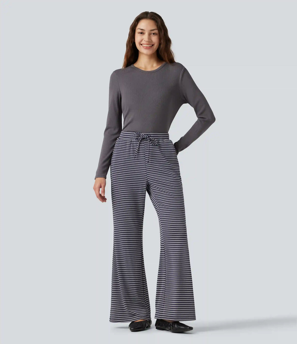 Ribbed Knit Stripes Mid Rise Drawstring Casual Bootcut Pants with Pockets