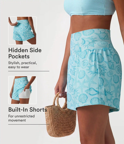 High Waisted 2-in-1 Seashell Shorts 5'' with Pockets