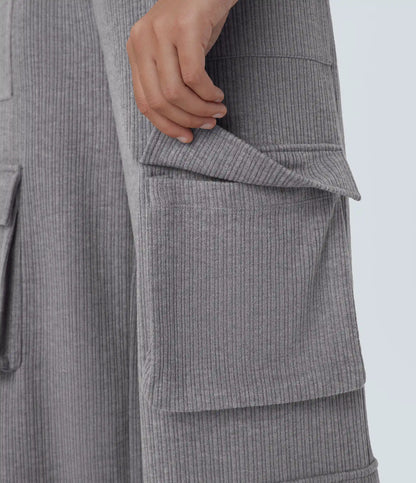 Ribbed Mid Rise Drawstring Pockets Wide Leg Cargo Casual Pants