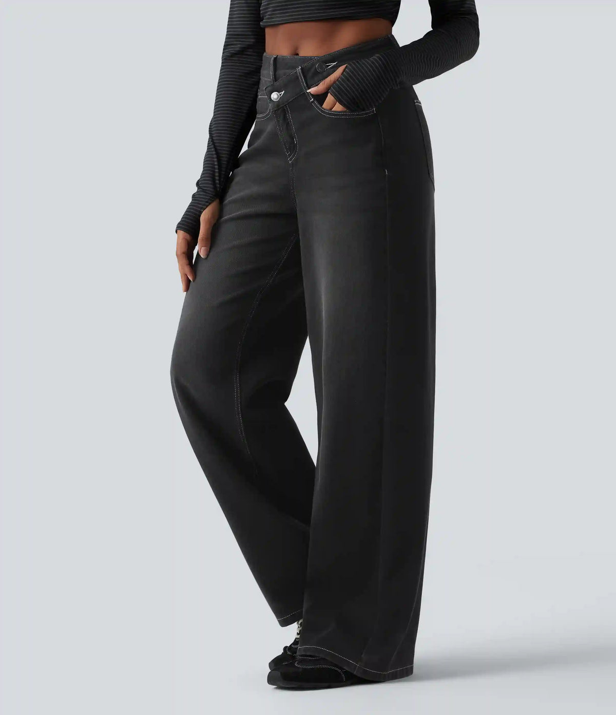 Halara Flex™ Asymmetric High Waisted Washed Casual Baggy Jeans with Pockets