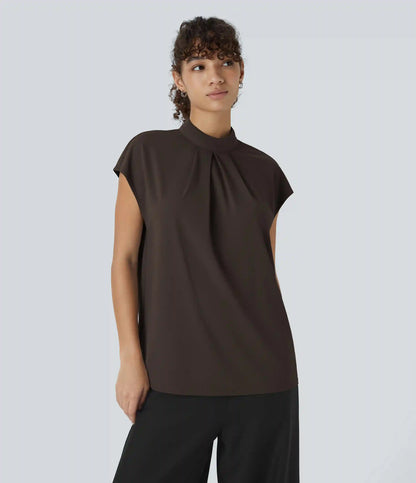 Stand Collar Back Cap Sleeve Work Blouse
