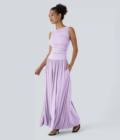 Ribbed Boat Neck Asymmetric Strap Ruched Pocket Flowy Maxi Casual Dress