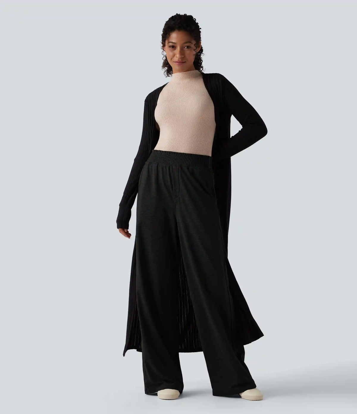 High Waisted Lettuce Trim Quick Dry Heathered Casual Wide Leg Sweatpants with Pockets-UPF40+