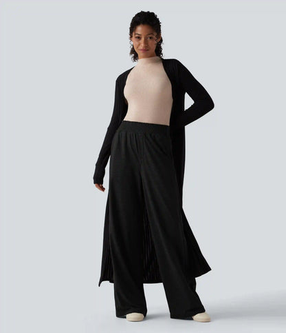 High Waisted Lettuce Trim Quick Dry Heathered Casual Wide Leg Sweatpants with Pockets-UPF40+
