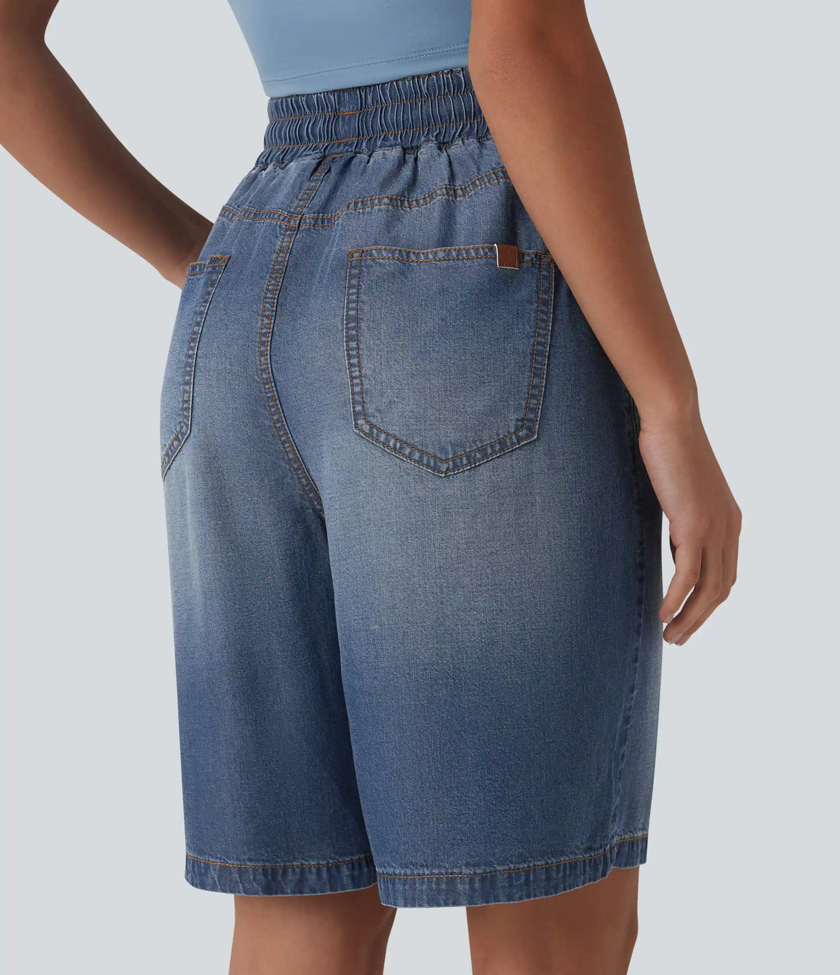 High Waisted Drawstring Denim Casual Bermuda Shorts 9'' with Pockets