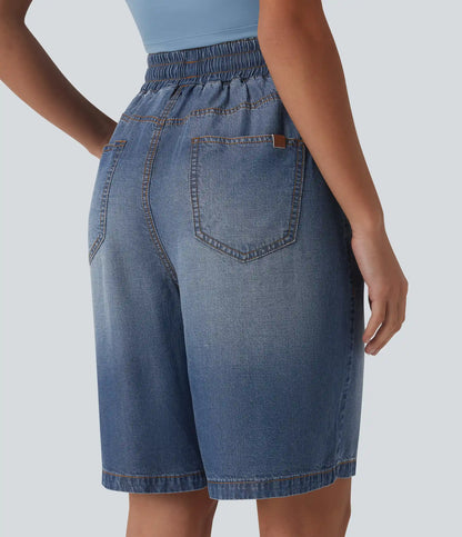 High Waisted Drawstring Denim Casual Bermuda Shorts 9'' with Pockets