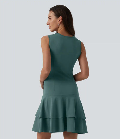 SoftlyZero™ Airy Round Neck Sleeveless Layered Ruffle Hem InstantCool Mini Casual Dress