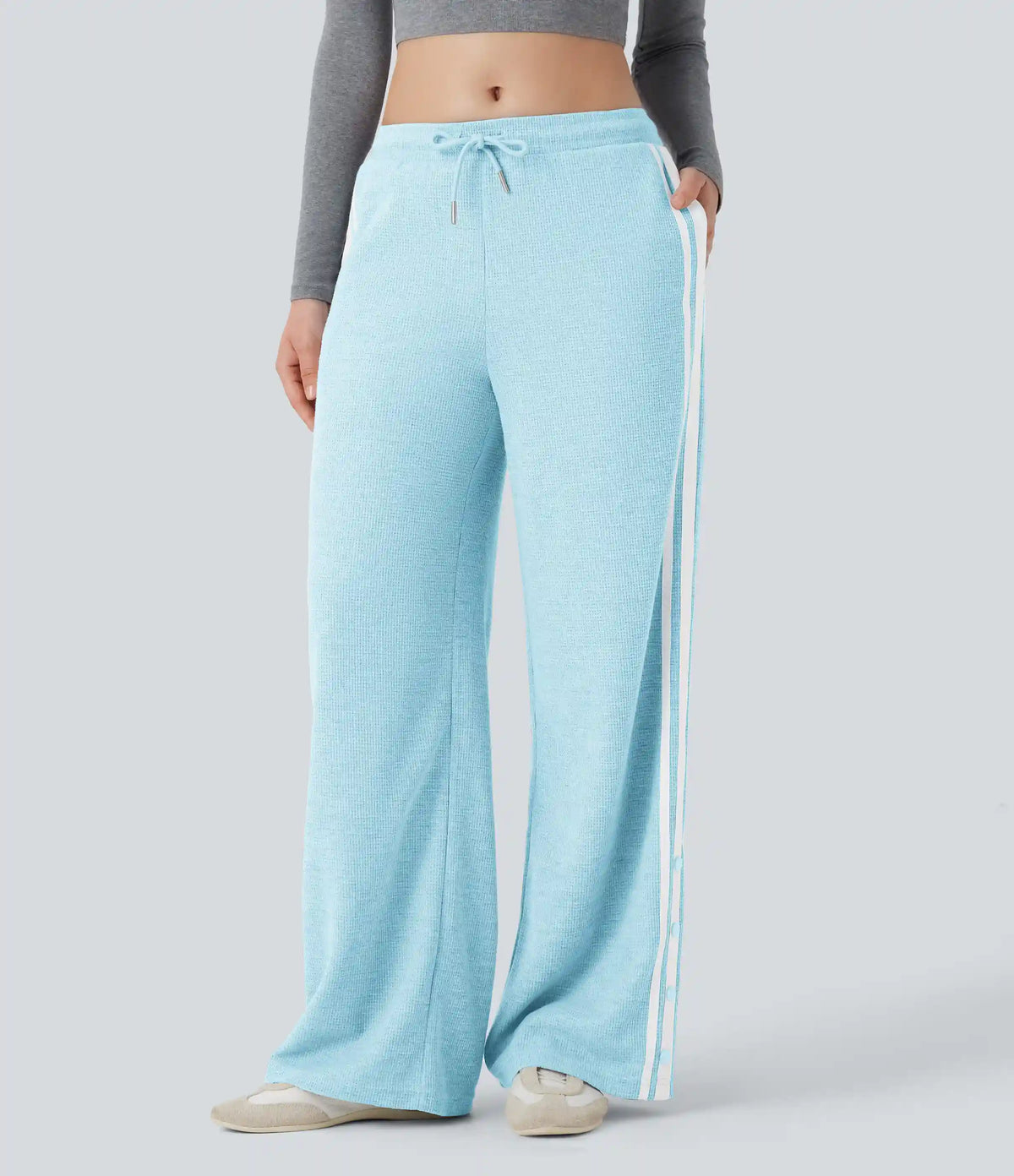 Low Rise Drawstring Color Block Snap Waffle Casual Wide Leg Pants with Pockets