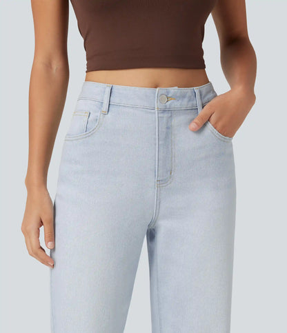 High Waisted Ripped Straight Leg Casual Jeans with Pockets