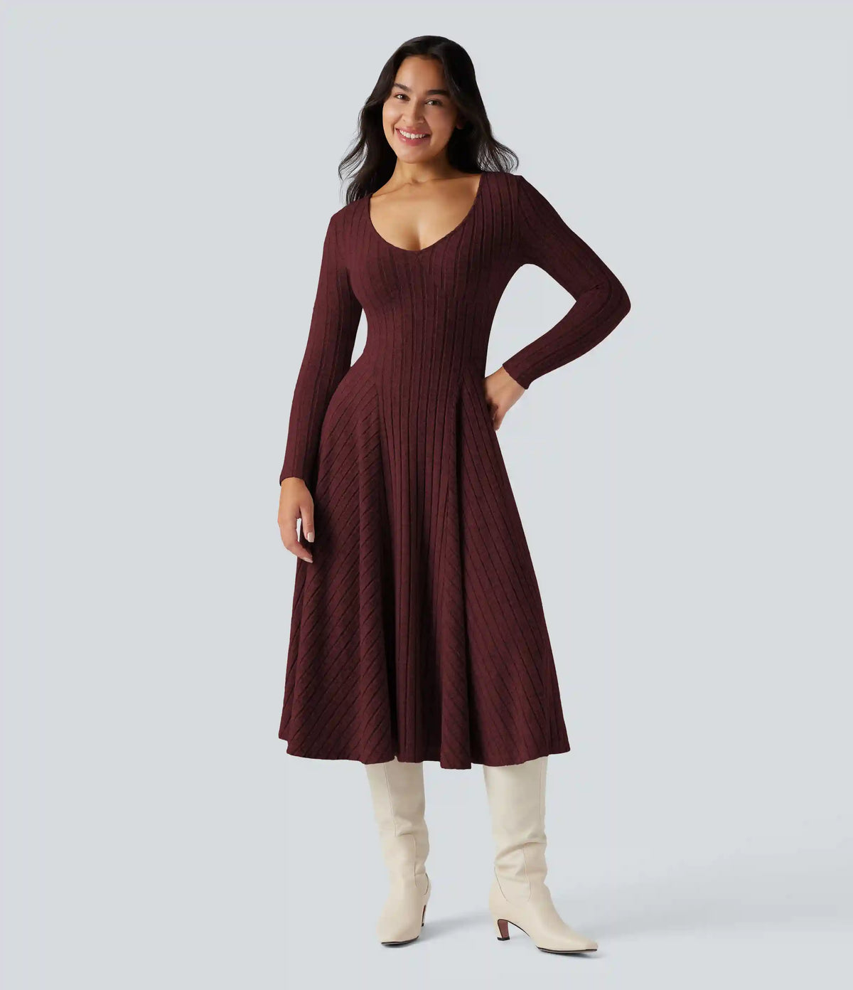 Ribbed Knit V Neck Long Sleeve Flare Midi Casual Dress