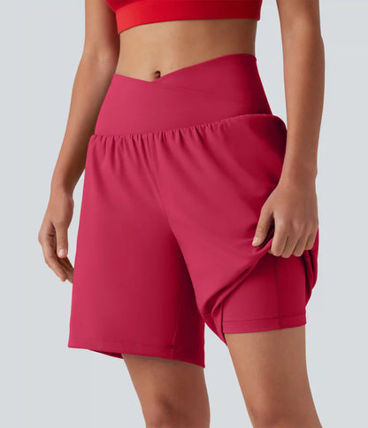 SoftlyZero™ Airy Crossover High Waisted 2-in-1 InstantCool Yoga Shorts 7'' with Pockets