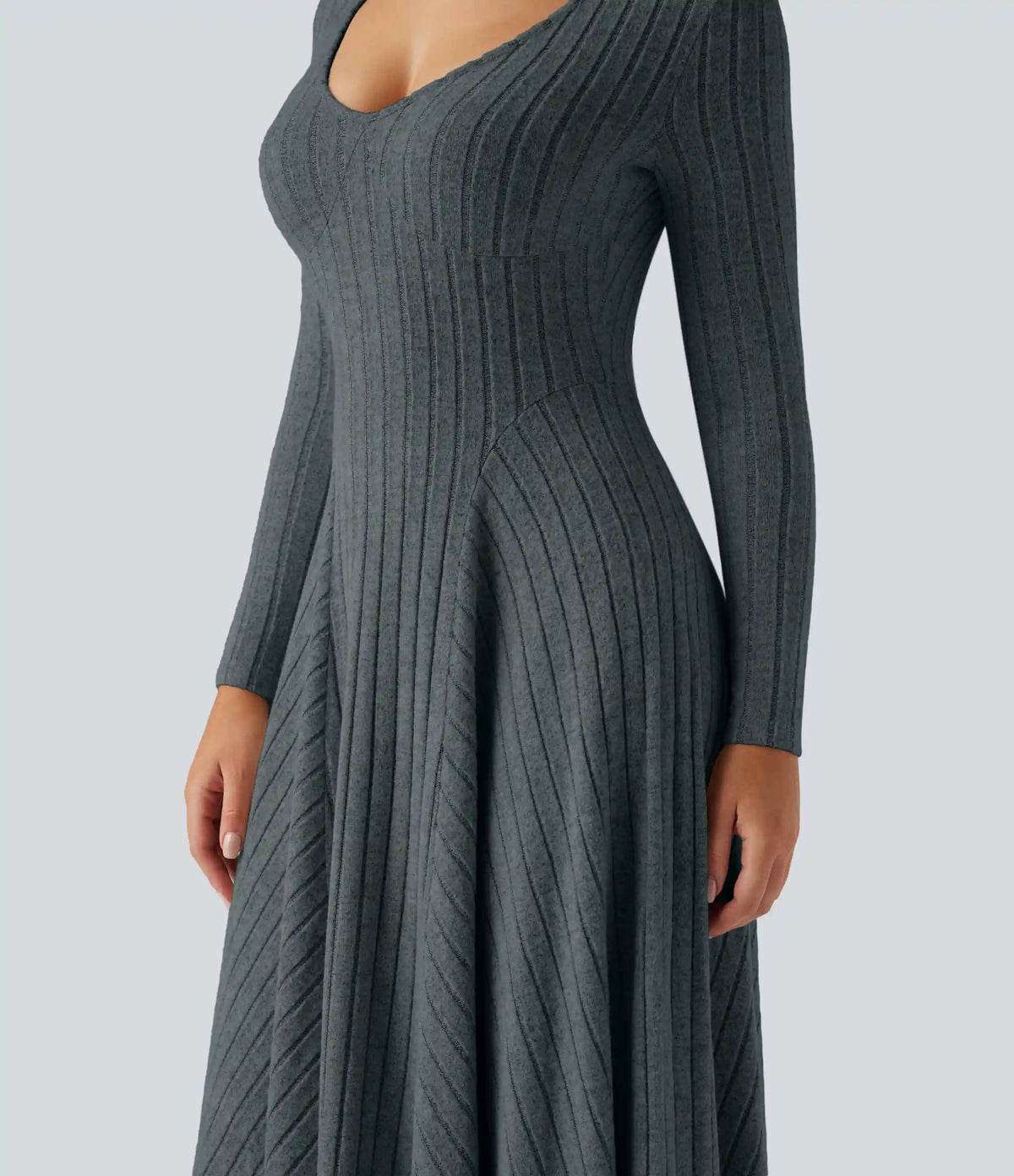 Ribbed Knit V Neck Long Sleeve Flare Midi Casual Dress