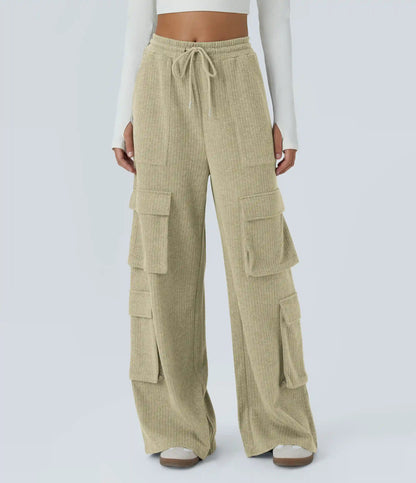 Ribbed Mid Rise Drawstring Pockets Wide Leg Cargo Casual Pants
