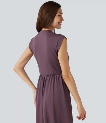 V Neck Sleeveless Flowy Midi Work Dress with Pockets