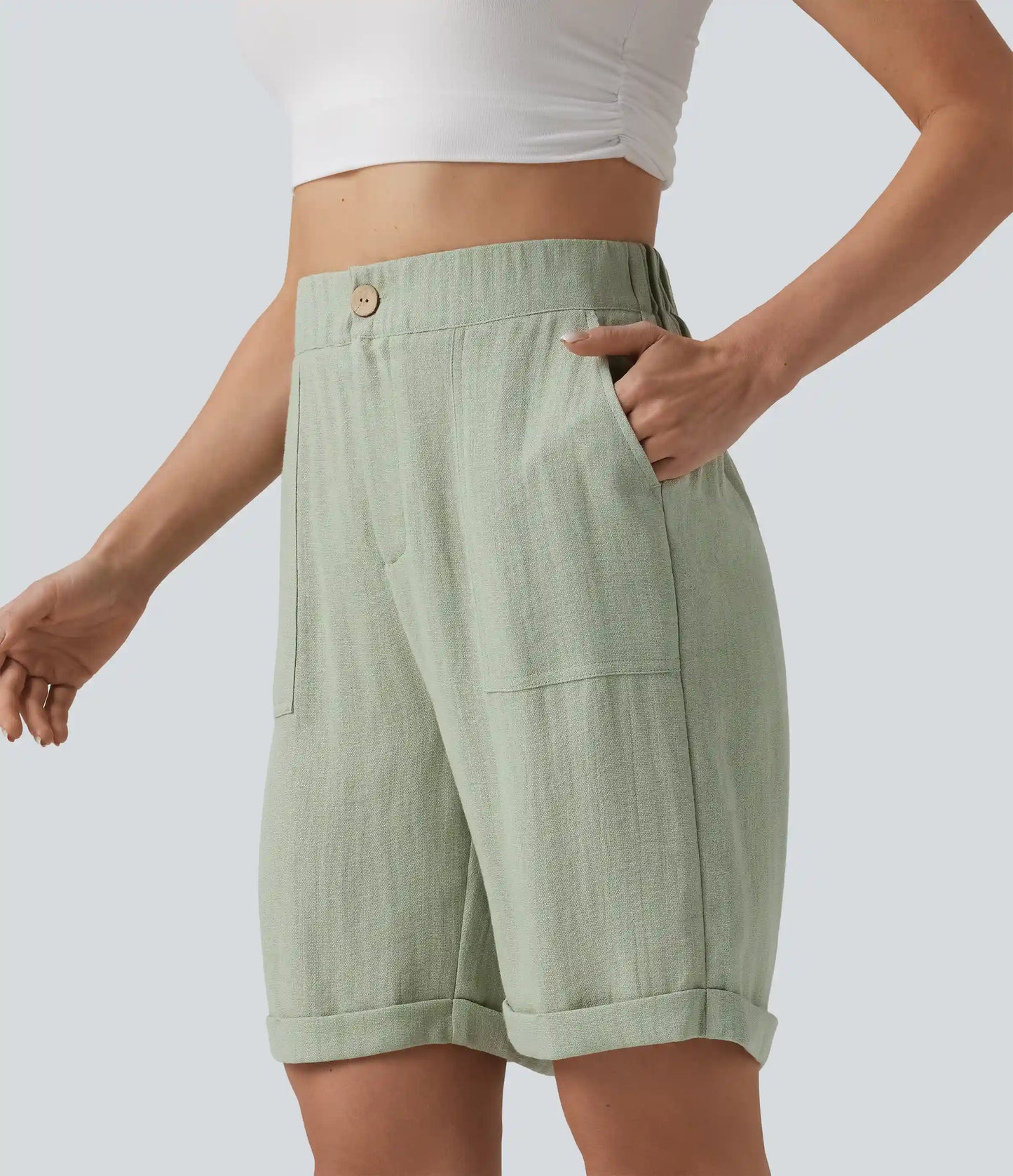 High Waisted Rolled Hem Linen-Feel Casual Bermuda Shorts with Pockets