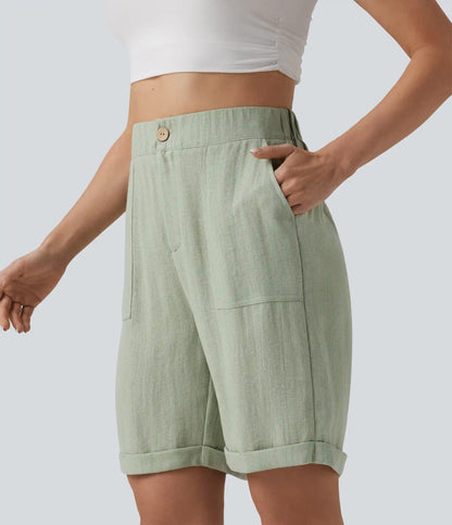 High Waisted Rolled Hem Linen-Feel Casual Bermuda Shorts with Pockets
