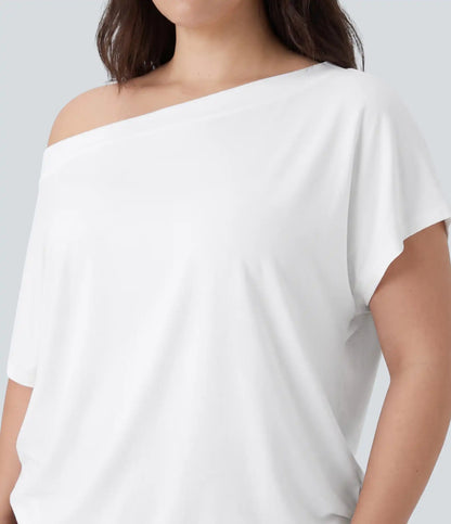 Plus Size One Shoulder Short Sleeve Curved Hem High Low Quick Dry Yoga Sports Top