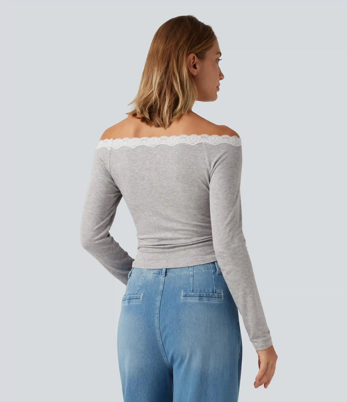Ribbed Off Shoulder Long Sleeve Ruched Contrast Lace Casual Top