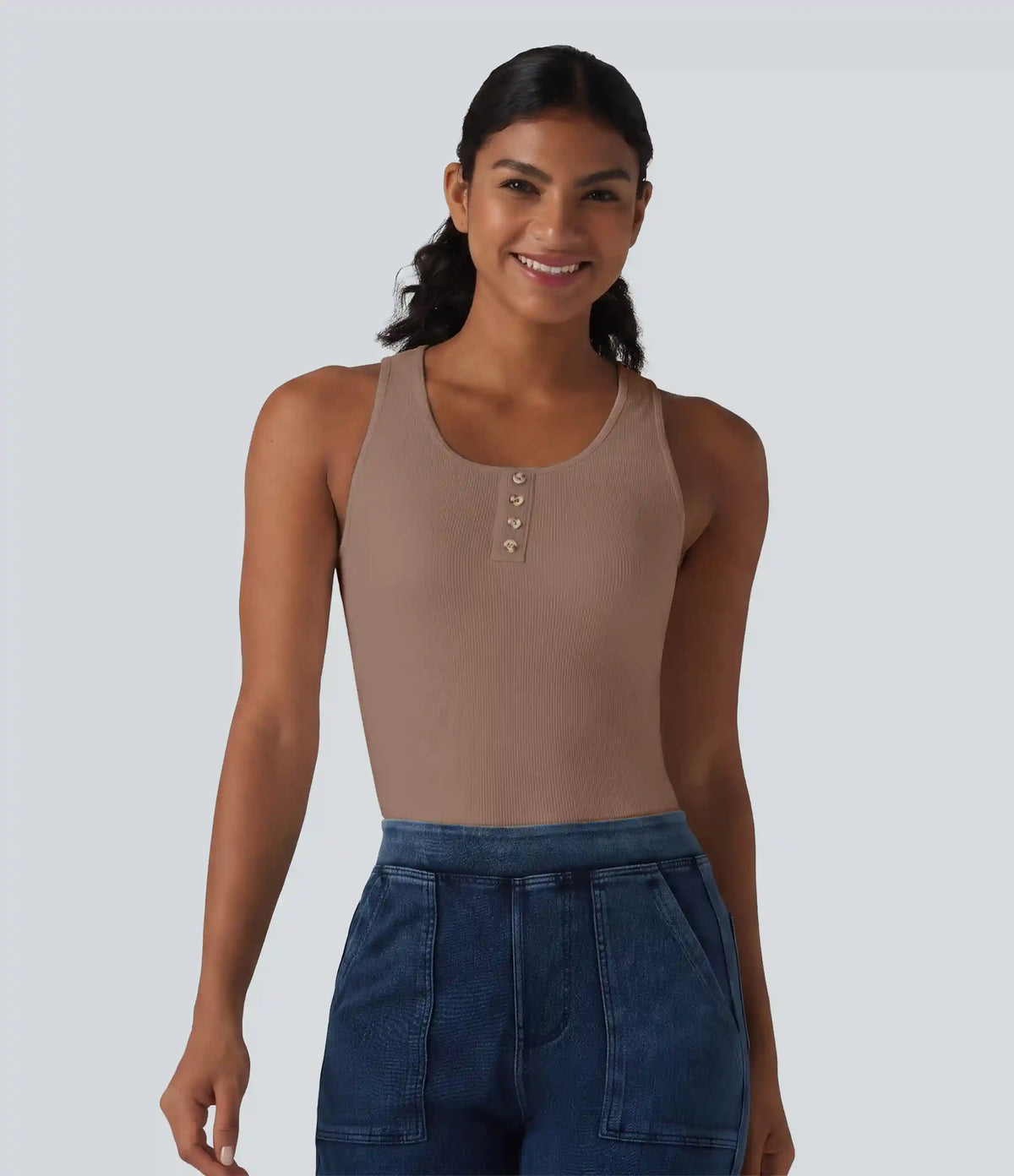 Ribbed Knit Round Neck Built-in Bra Casual Tank Top