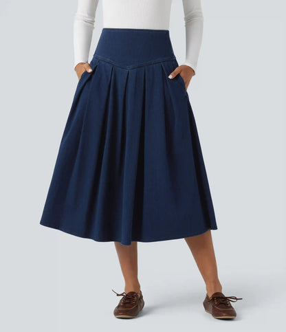 Halara Flex™ High Waisted Tummy Control Pleated Midi Casual Denim Skirt with Pockets