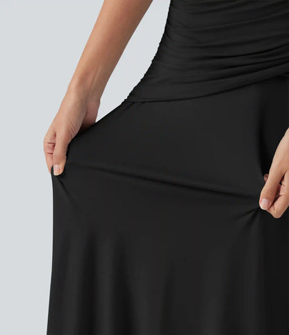 Round Neck Sleeveless Ruched Crossover Waist Maxi Casual Flowy Dress