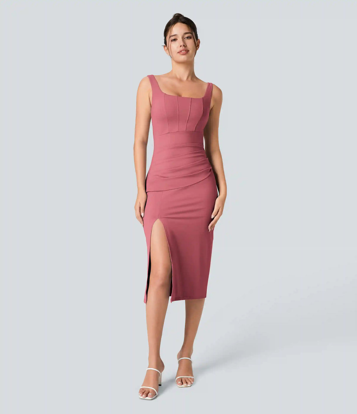 SoftlyZero™ Airy Square Neck Backless Corset Ruched Split Bodycon Midi InstantCool Bridesmaid and Wedding Guest Dress