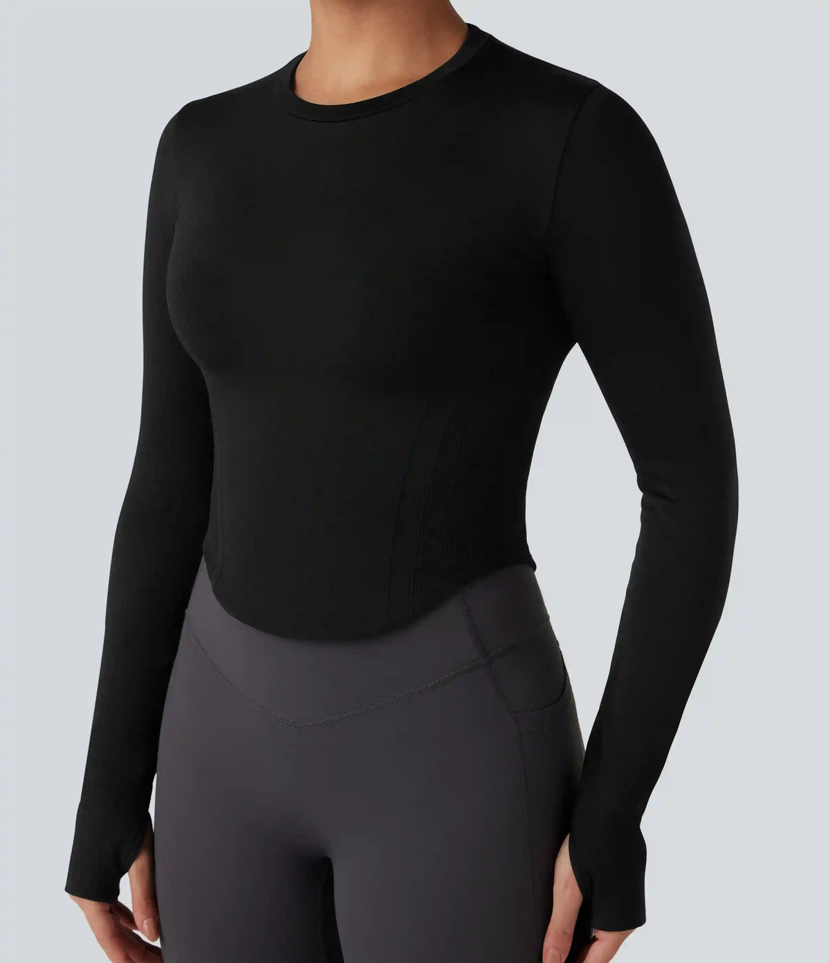 OneForm Seamless Flow Round Neck Long Sleeve Thumb Hole Curved Hem Yoga Sports Top