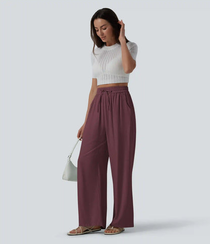 High Waisted Drawstring Wide Leg Casual Linen-Blend Pants with Pockets