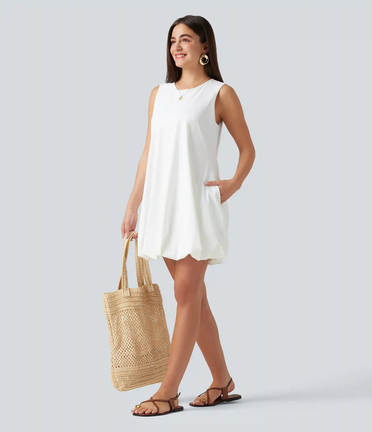 Round Neck Sleeveless Mini Dance Active Bubble Dress with Pockets