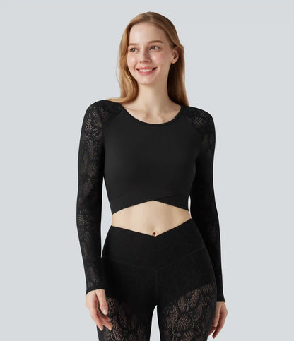 SoftlyZero™ Contrast Lace Crossover Hem Long Sleeve Cropped Yoga Sports Top
