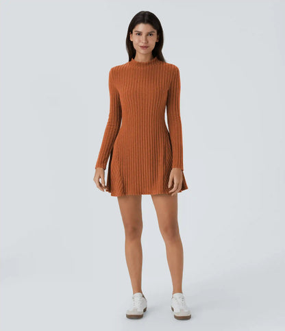 Ribbed Knit Stand Collar Long Sleeve Mini Casual Dress