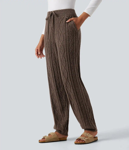 High Waisted Drawstring Cable Knit Lounging Sweater Pants with Pockets