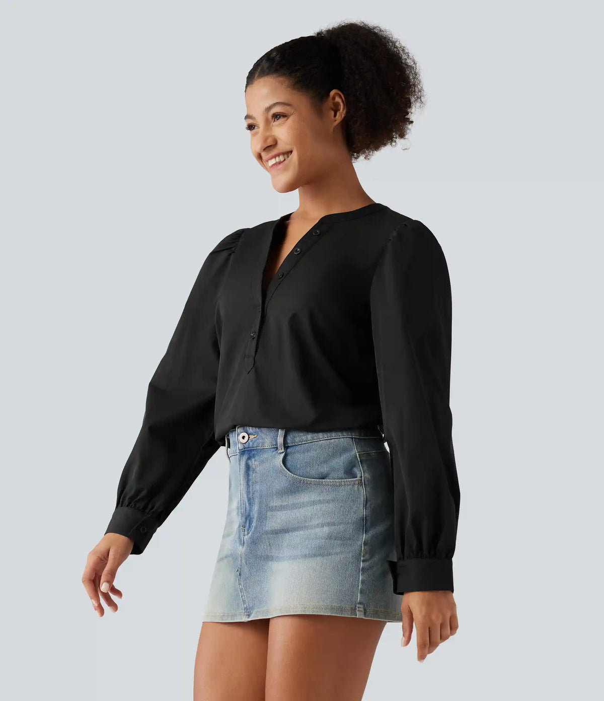 Henley Neck Puff Long Sleeve Casual Blouse
