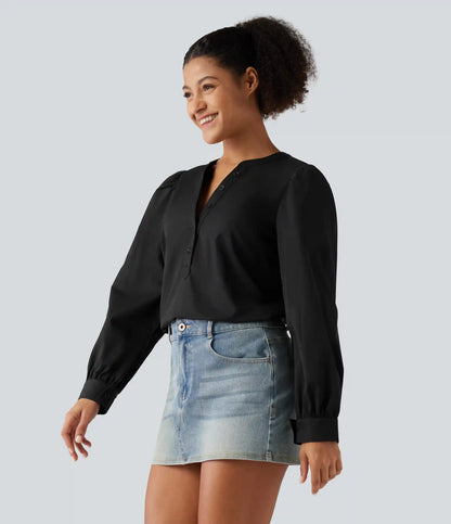 Henley Neck Puff Long Sleeve Casual Blouse