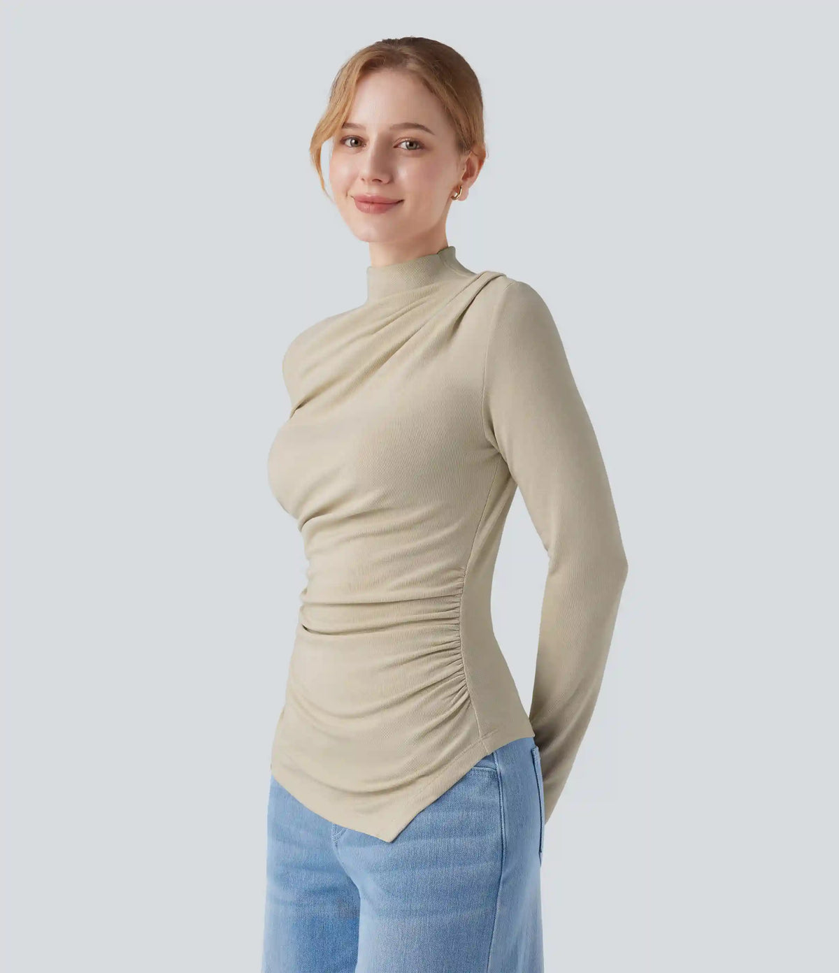 Mock-neck Long Sleeve Ruched Asymmetric Hem Thermal Casual Top