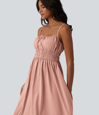 Tie Front Flowy Midi Casual Linen-Feel Slip Milkmaid Dress