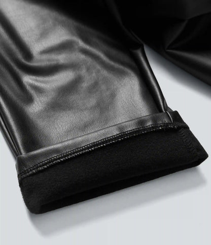 High Waisted Drawstring Stretchy PU Fleece 7/8 Casual Tapered Pants with Pockets