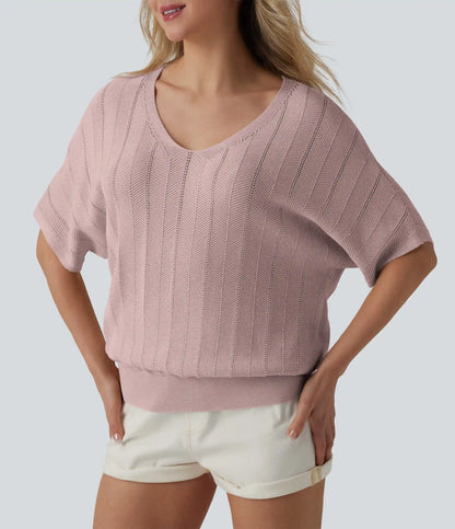 V Neck Short Sleeve Casual Sweater