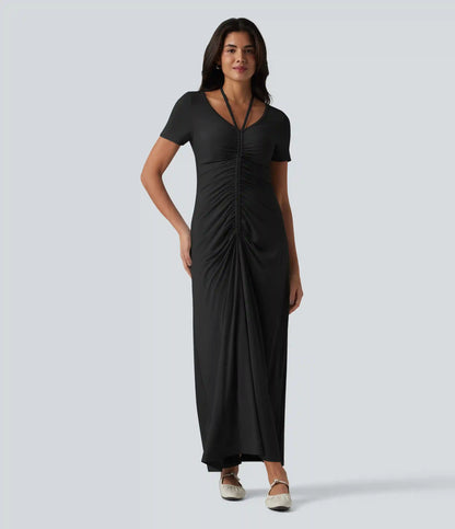 V-neck Short Sleeve Drawstring Ruched Maxi Casual Dress